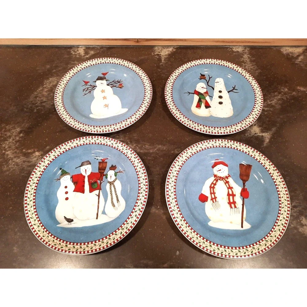 Set of 4 Sakura Debbie Mumm Snowman Lunch Salad Dessert Plates 8 1/4